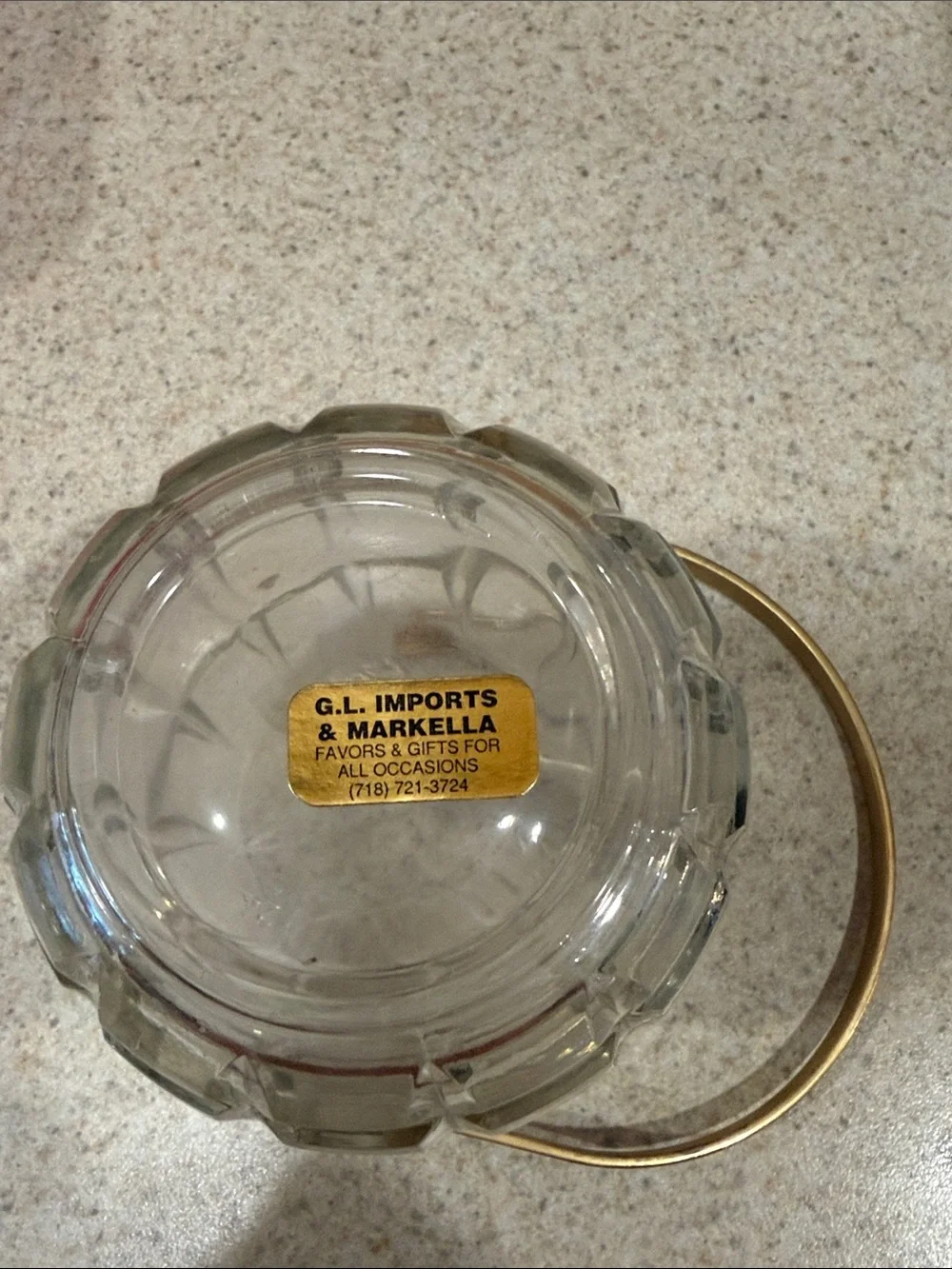 Clear Glass Miniature Ice Bucket with Gold Handle and gold tongs